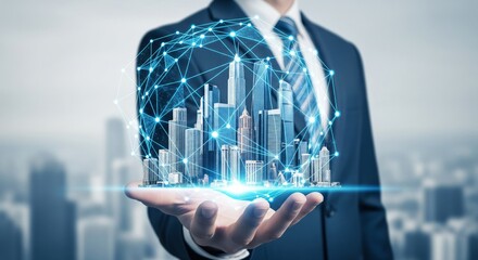 Businessman Holding 3D Smart City with Polygonal Digital Network Frame