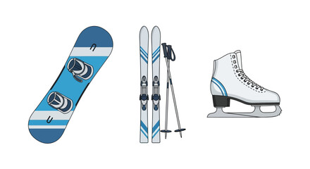 Vibrant blue and white winter sports equipment set, featuring a snowboard, skis with poles, and an ice skate.