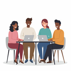 Flat Diverse People Working Together at Desk Collaboration Illustration