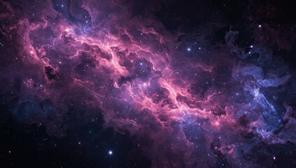 Expansive cosmic panorama unveils a breathtaking display of celestial clouds in vibrant hues of purple and pink, dotted with shimmering stars against a dark, mysterious backdrop, evoking a sense of...