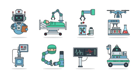 Vibrant Medical Robotics and AI Healthcare Technology Line Icons Set.