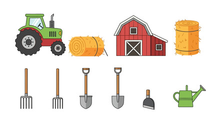 Vibrant Illustrated Farm Equipment and Structures Collection.