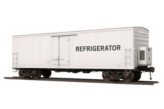 Train refrigerator car on tracks, transparent background