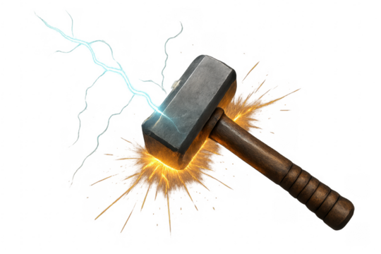 Hammer generating lightning and sparks, transparent background