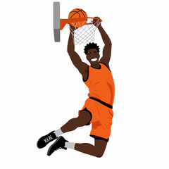 Modern Flat Illustration of African American Man Slam Dunking Basketball © Hcane