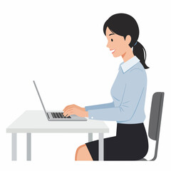 Flat Illustration Working Woman Typing on Laptop at Office Desk Character