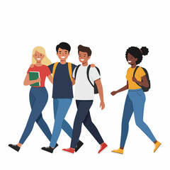 Obraz premium Flat Style Diverse Group of Students Walking Together Friendship Illustration