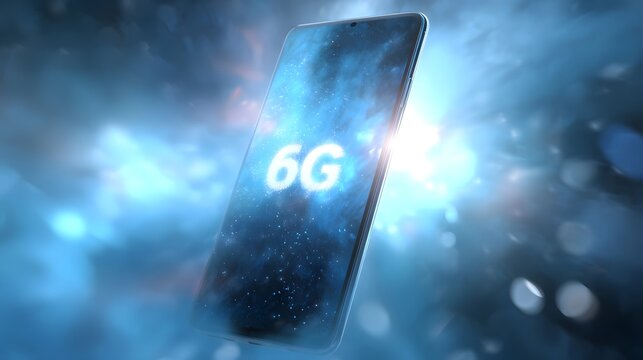Futuristic smartphone displays  6G  against a luminous cosmic inspired digital backdrop with bright lights - Powered by Adobe