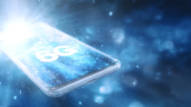 Futuristic smartphone displaying 5G connectivity with a glowing holographic interface