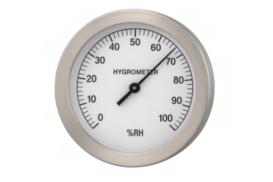 Analog hygrometer measuring relative humidity on transparent background