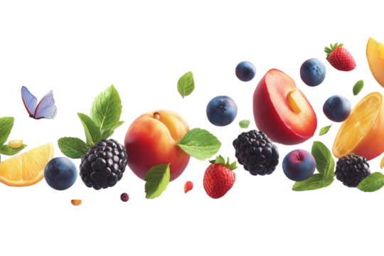 Floating Summer Fruits with Butterfly on Black Background