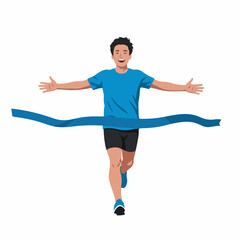 Simple Flat Illustration Asian Male Runner Celebrating Victory Finishing Line