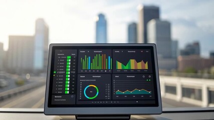 Sustainable urban development cityscape dashboard analytics data visualization laptop computer screen with skyline background, focused and modern - Powered by Adobe
