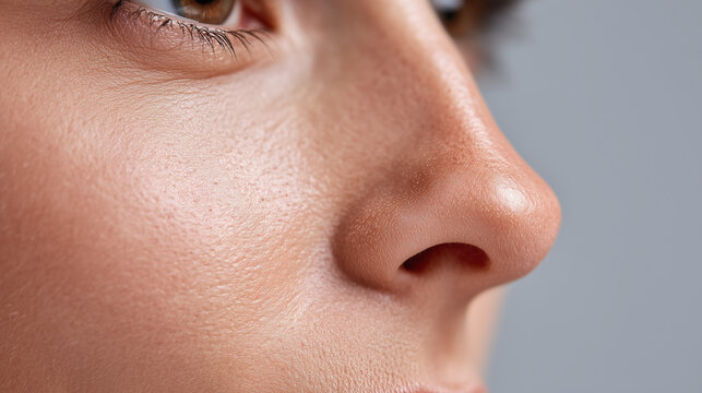 Ultra macro close up of human nose side showing smooth skin texture with pore primer applied, highlighting natural skin detail and healthy complexion in soft lighting