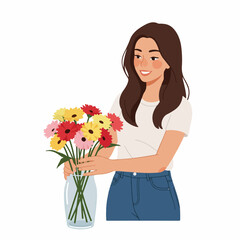 Flat Illustration Woman Arranging Colorful Gerbera Flowers in Glass Vase