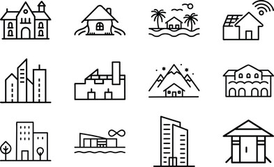 Set of 12 Minimal Line Icons of Houses, Buildings, and Architecture – Residential, Commercial, and Modern Real Estate Vector Illustrations on White Background
