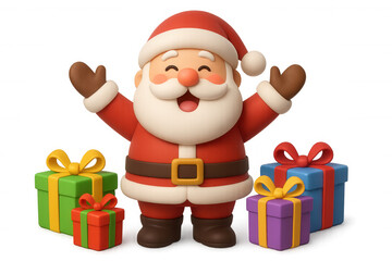 Santa claus cartoon character smiling and raising hands, standing among colorful christmas gift boxes, transparent background