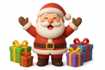 Santa claus cartoon character smiling and raising hands, standing among colorful christmas gift boxes, transparent background