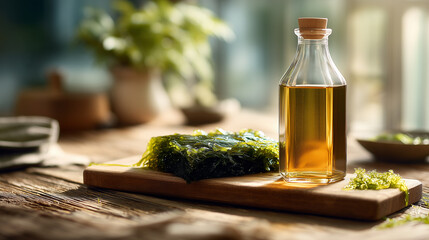 UGC photo of algae oil bottle with fresh algae on a wooden board