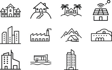 Set of 12 Minimal Line Icons of Houses, Buildings, and Architecture – Residential, Commercial, and Modern Real Estate Vector Illustrations on White Background