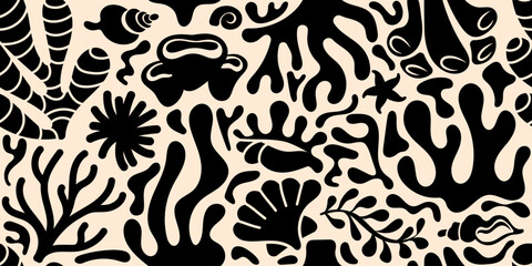 Hand drawn sea coral pattern. Minimal abstract monochrome organic seamless ornament. Fashionable design template. Black and white shapes.