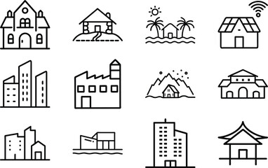 Set of 12 Minimal Line Icons of Houses, Buildings, and Architecture – Residential, Commercial, and Modern Real Estate Vector Illustrations on White Background