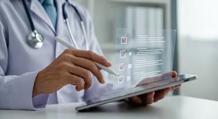 Close-Up of Doctor Using Digital Stylus on Tablet with Medical Checklist in Modern Clinic Setting