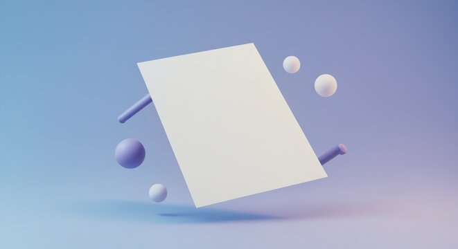 3D Render of Floating A4 White Paper Mockup with Pastel Gradient Background and Abstract Geometric Elements - Powered by Adobe