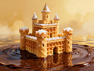 Waffle castle on chocolate moat, fantasy food architecture, sweet kingdom on golden background, surreal dessert structure.