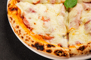 Pizza ham, cheese, tomato sauce fast food natural product tasty snack fresh delicious gourmet food background on the table rustic top view copy space