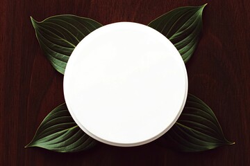White circle with green leaves on dark wooden background