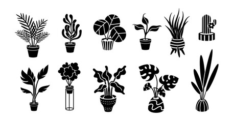 Silhouette Indoor Plants flat set. Monochrome House plants in ceramic cups, pots, basket design elements. Decorative black collection Plants