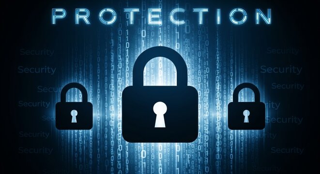 Cybersecurity Protection Concept with Padlock Icon and Binary Code Background