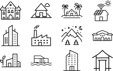 Set of 12 Minimal Line Icons of Houses, Buildings, and Architecture – Residential, Commercial, and Modern Real Estate Vector Illustrations on White Background