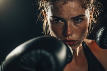 Close-up woman boxing in gloves against dark background. image conveys strength, determination, and fitness. Ideal for sports campaigns, motivational content, fitness promotions