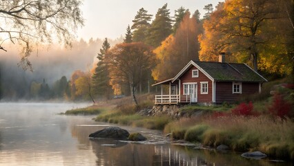 Obraz premium Scandinavian Cabin by River with Warm Autumn Colors and Morning Mist