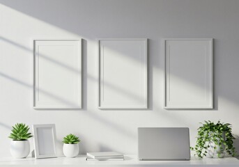Sunlit Minimalist Desk with Triple Vertical Frame Mockup and Diagonal Shadows