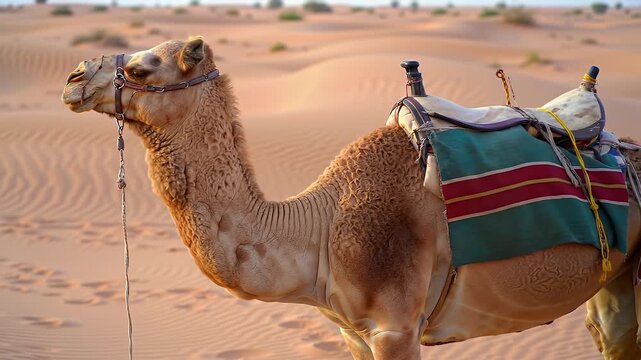High Angle Close Up of a Dromedary Camel Camelus Dromedarius with Traditional Green and Red Saddle Standing Gracefully in a Desert Landscape with Rolling Sand Dunes in Dubai Perfect for Travel Theme