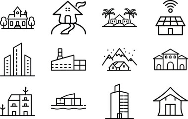 Set of 12 Minimal Line Icons of Houses, Buildings, and Architecture – Residential, Commercial, and Modern Real Estate Vector Illustrations on White Background