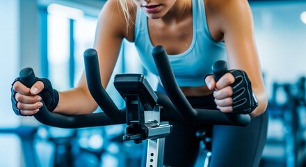 Fitness Training with Woman Riding Exercise Bike in Gym
