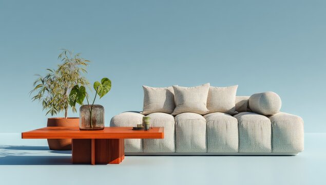 A minimalist living room scene features a low, tufted off-white sofa with beige cushions, accompanied by a vibrant orange coffee table and potted plants against a pale blue backdrop.