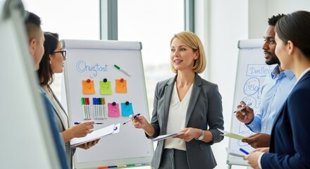 A business meeting in a modern office with a whiteboard and flip chart.