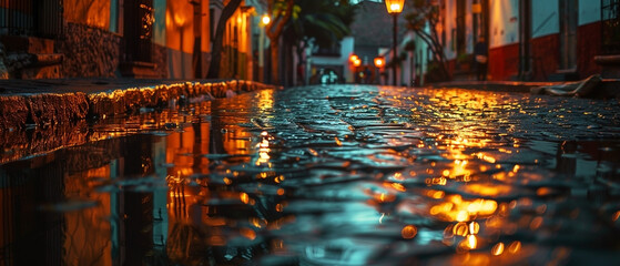 Naklejka premium Reflections of a cobblestone street at night after the rain in a european city