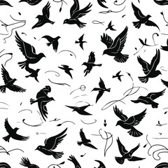 Abstract flying birds flock, scattered line art silhouettes, sense of freedom and travel 1