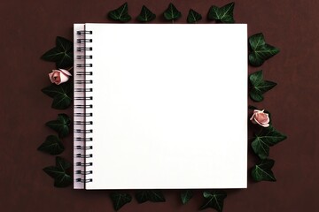 Spiral notebook with pink roses and green leaves