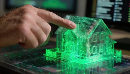 A hand gestures toward a glowing, translucent green model house displayed on a technological surface; computer screens blur in the background