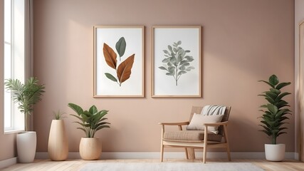 Mockup poster empty frame in wall, tropical, rustic, minimal, bohemian, style living room interior, living room interior background