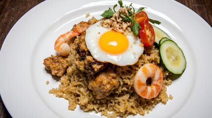 Fried Rice with Egg and Shrimp Served on Plate