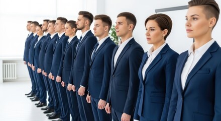 A group of business professionals standing in a line, dressed in formal attire.