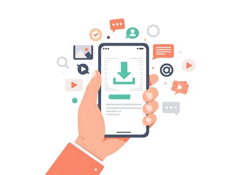 Hand holding smartphone downloading data with icons representing social media communication and file transfers on white background conceptual flat design
